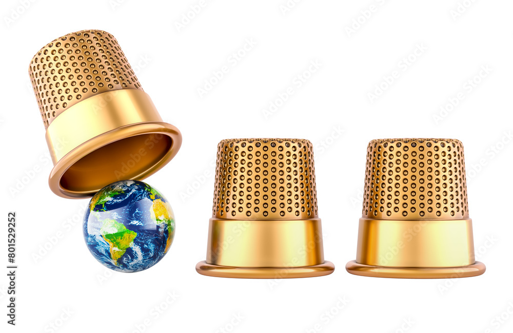 Poster the shell game with earth globe, thimble game. 3d rendering isolated on transparent background