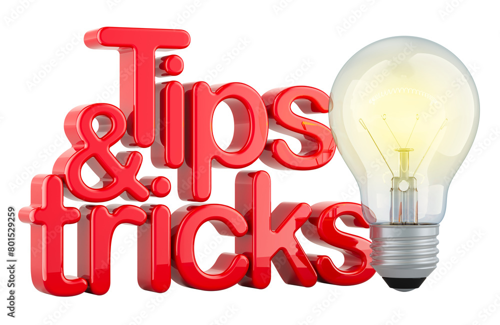 Poster Tips and Tricks, red inscription with light bulb. 3D rendering isolated on transparent background