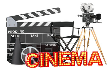 Filmmaking or film production concept. Movie camera, film reels, chair, megaphone and clapperboard with cinema signboard from golden light bulb letters. 3D rendering isolated on transparent background