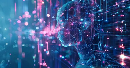 Digital human face and body outlined with mesh network, surrounded by floating data particles in a virtual interface environment. - Powered by Adobe