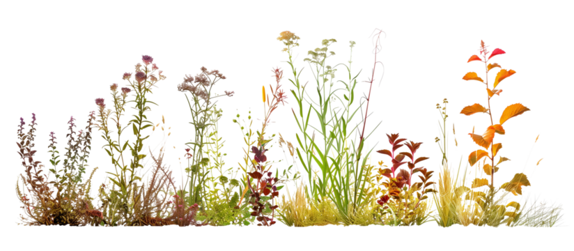 Botanical gradient display from aquatic plants to dry-loving grasses and wildflowers, illustrating different ecological zones, isolated on transparent background