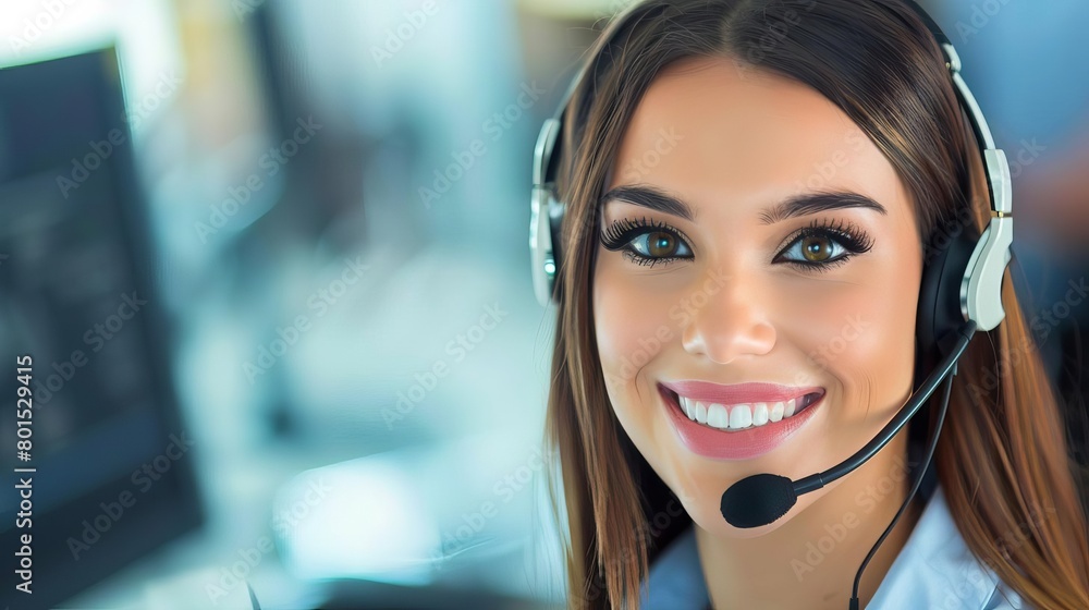 Aufkleber smiling customer support operator with headset working in office friendly and professional service c