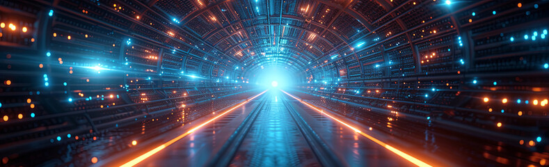 Banner of tunnel with a bright blue light shining down on it