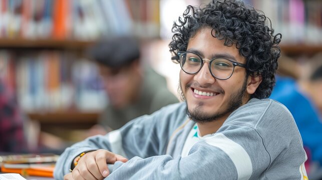 smiling latino male college student studying in classroom education photography with copy space