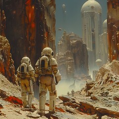 Intrepid Explorers Confront Alien Landscape on Distant Planet in Vintage Sci Fi Scene - obrazy, fototapety, plakaty