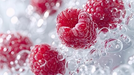 Fresh raspberries covered in tiny water droplets