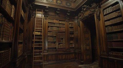 A secret library hidden behind a bookcase, complete with a rolling ladder and leather-bound tomes.