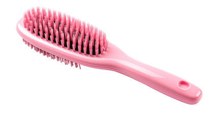 A close up of a delicate pink brush resting on a pristine white background