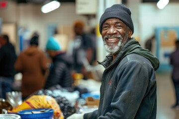 Joyful middle-aged black homeless person enjoys a meal at a social center. - Powered by Adobe