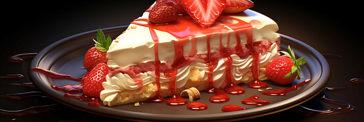 A decadent and rich plate of creamy cheesecake with strawberry sauce.