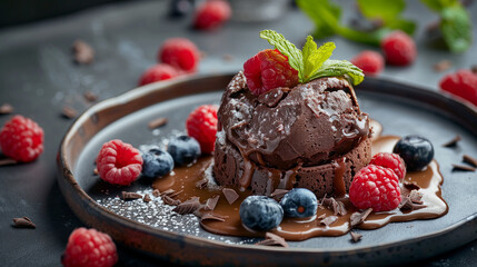 Decadent Chocolate Mousse with Fresh Berries, Elegant Presentation, Ideal for Dessert Menus