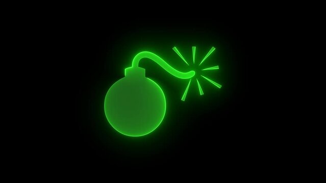 Bomb icon glowing neon green color animation black background
