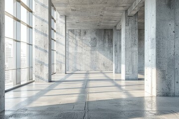 Bright empty concrete interior panoramic windows.