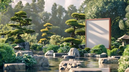 A tranquil Japanese garden, with meticulously manicured bonsai trees and a blank frame placed...