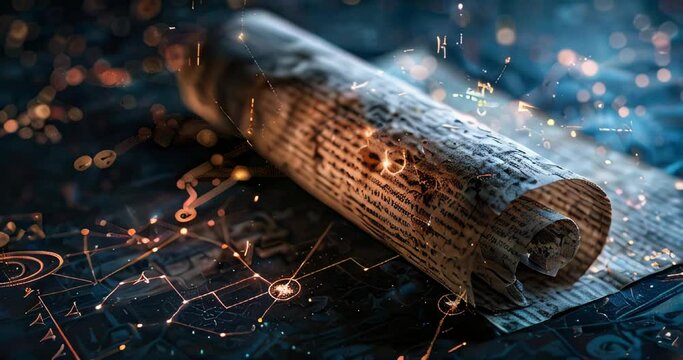 Ethereal image of an ancient illuminated manuscript with cryptic texts, set atop a futuristic digital circuit board background.
