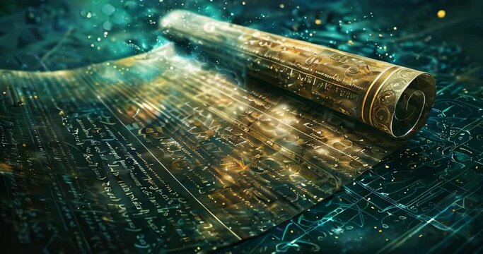 A mystical ancient scroll with glowing symbols against a futuristic circuit background, blending magic and technology.