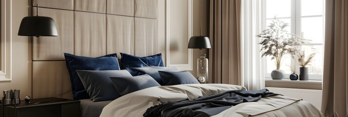 bedroom with beige walls, dark blue and black accents, a large bed with navy velvet pillows and blanket