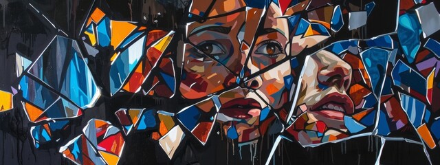 An acrylic painting of a shattered mirror reflecting fragmented images of the viewer, symbolizing the complexity of the human psyche.