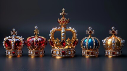 An elegant 3D icon set of monarch jewels, royalty and luxury coronation adorned with royalty jewels for kings and queens. Royal gold noble aristocrat monarchy red jewel crowns. This set is full of