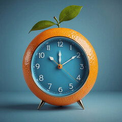 Un concept créatif d'orange comme réveil sur un fond bleu isolé. Réveil vitaminé, changement d'heure, être en forme santé et bien-être. - obrazy, fototapety, plakaty
