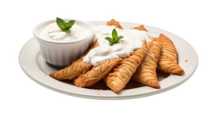 A white plate holding fried food alongside a bowl of ranch dressing