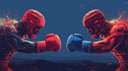Boxing martial arts mma fighter match modern background template. Cross-fight duel between Red and Blue teams. - obrazy, fototapety, plakaty