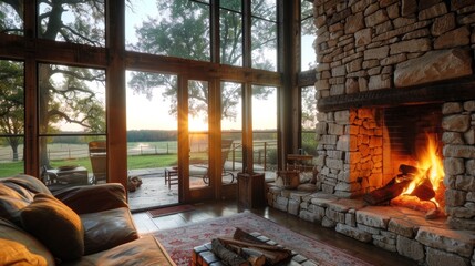 Fototapeta premium A rustic stone fireplace provides a comforting glow as you take in the picturesque countryside through panoramic windows. 2d flat cartoon.