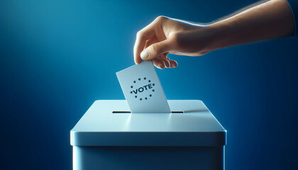 Close-up image of a hand placing a ballot paper into a modern ballot box. The bright blue background is intended to provide ample copy space. This image depicts a scenario of active participation in t - obrazy, fototapety, plakaty
