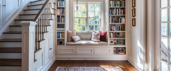 A cozy reading nook tucked under a staircase, with built-in bookshelves and a plush window seat.