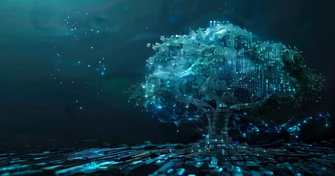 Stunning digital tree composed of glowing particles on a dark backdrop, embodying the fusion of nature and technology in a virtual space.