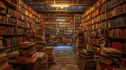 An antique bookstore interior, shelves filled with old books, warm lighting, a sense of history and...