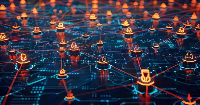 Dynamic network connections with glowing nodes, depicting advanced communication technology in a cyber digital landscape for tech concepts.