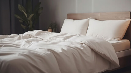 Fototapeta na wymiar Comfortable bed with soft white mattress, blanket, generative ai
