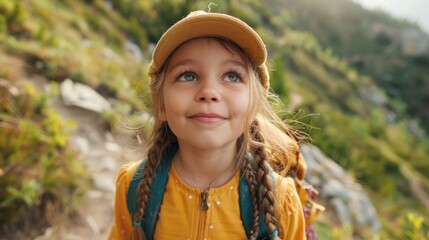 Fototapeta premium A happy little girl with a backpack is standing in a grassland field, smiling with her hair blowing in the wind. She enjoys the natural landscape and leisure of the mountains AIG50