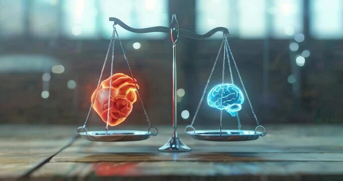 Digital art portraying brain-heart balance, a metaphor for emotional intelligence and rationality, in a serene, futuristic setting.