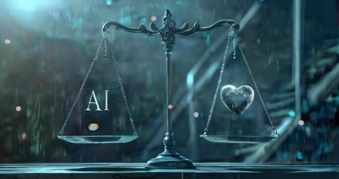 Stylized scales balance AI and a heart, representing the intersection of technology and human emotions, perfect for tech and lifestyle concepts