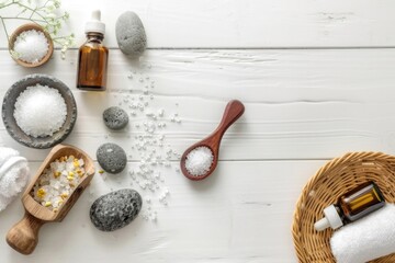 Beauty treatment items for spa procedures on white. Free Space. Copy Space.