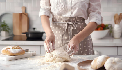 Woman kneading dough for Italian Grissini at white table in kitchen