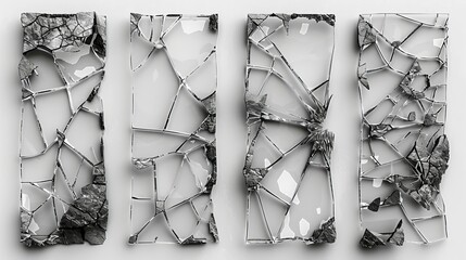Broken glass, shattered glassy surface and broken windshield glass texture silhouette. Crack shattered mirror or bullet hole isolated modern illustration.