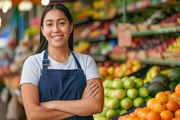 an attractive hispanic female store manager wearing navy blue apron, standing with her arms crossed in front of fruit stand at the market and smiling to camera