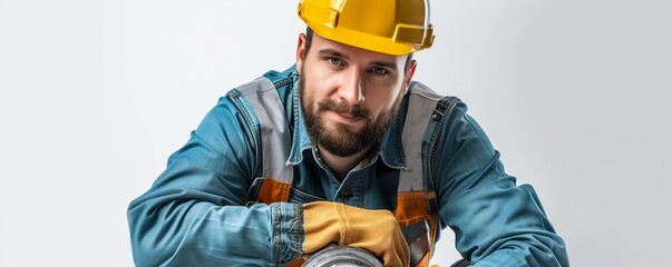 Worker leaning forward with helmet and gloves
