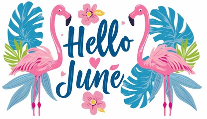 illustration of the text "Hello June" with tropical leaves and pink flamingos on a white background, in a cute style, with colorful cartoon flat design Generative AI