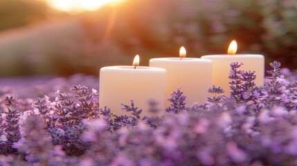   A pair of white candles atop purple flower field, sun radiating behind