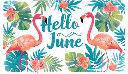 illustration of the text "Hello June" with tropical leaves and pink flamingos on a white background, in a cute style, with colorful cartoon flat design Generative AI