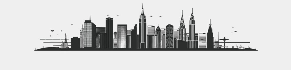 a black and white illustration of a city skyline