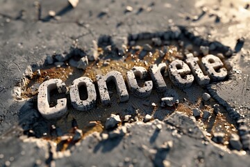 'Concrete' text in a hole in broken concrete 