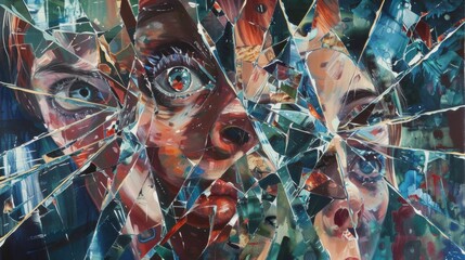 Fototapeta premium An acrylic painting of a shattered mirror reflecting fragmented images of the viewer, symbolizing the complexity of the human psyche.
