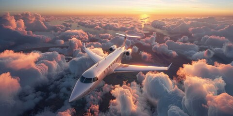Airplane in the sky at sunset. Copy Space. Free Space.