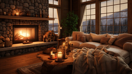 A cozy living room with a plush sofa and oversized knit throw pillows, nestled beside a crackling fireplace. Hygge-inspired ambiance in a winter cabin. Promotion background.