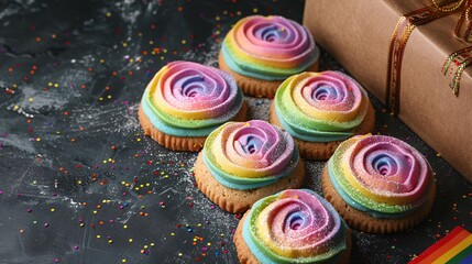 Obraz premium LGBTQ+ concept. Cookies in rainbow colors and gift box.